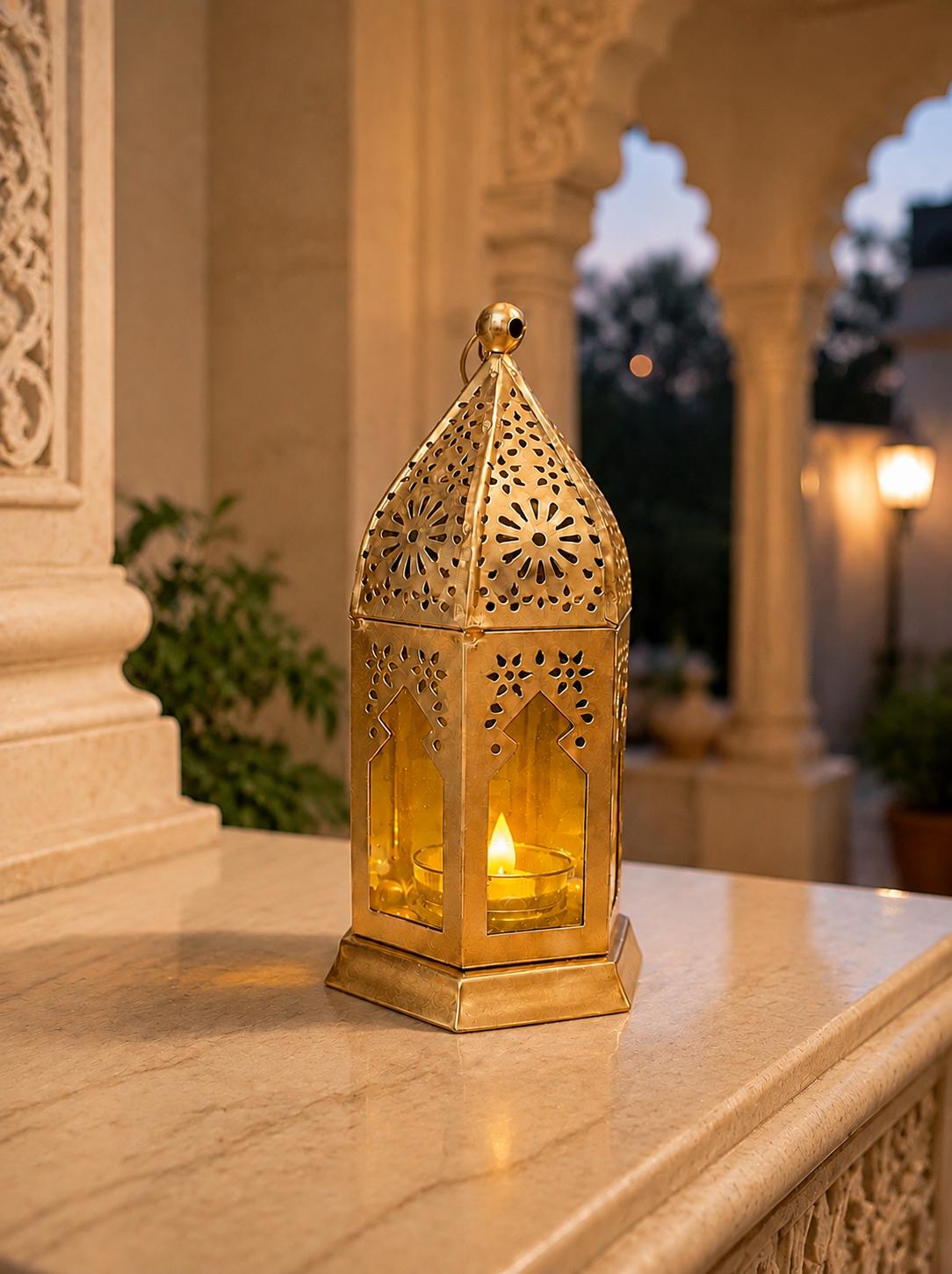 Tealight Lantern Moroccan Boho Chic Glass and Metal Tealight Tabletop Lantern Lamp with Pearl String Tea Light Candle Holder for Home Decor