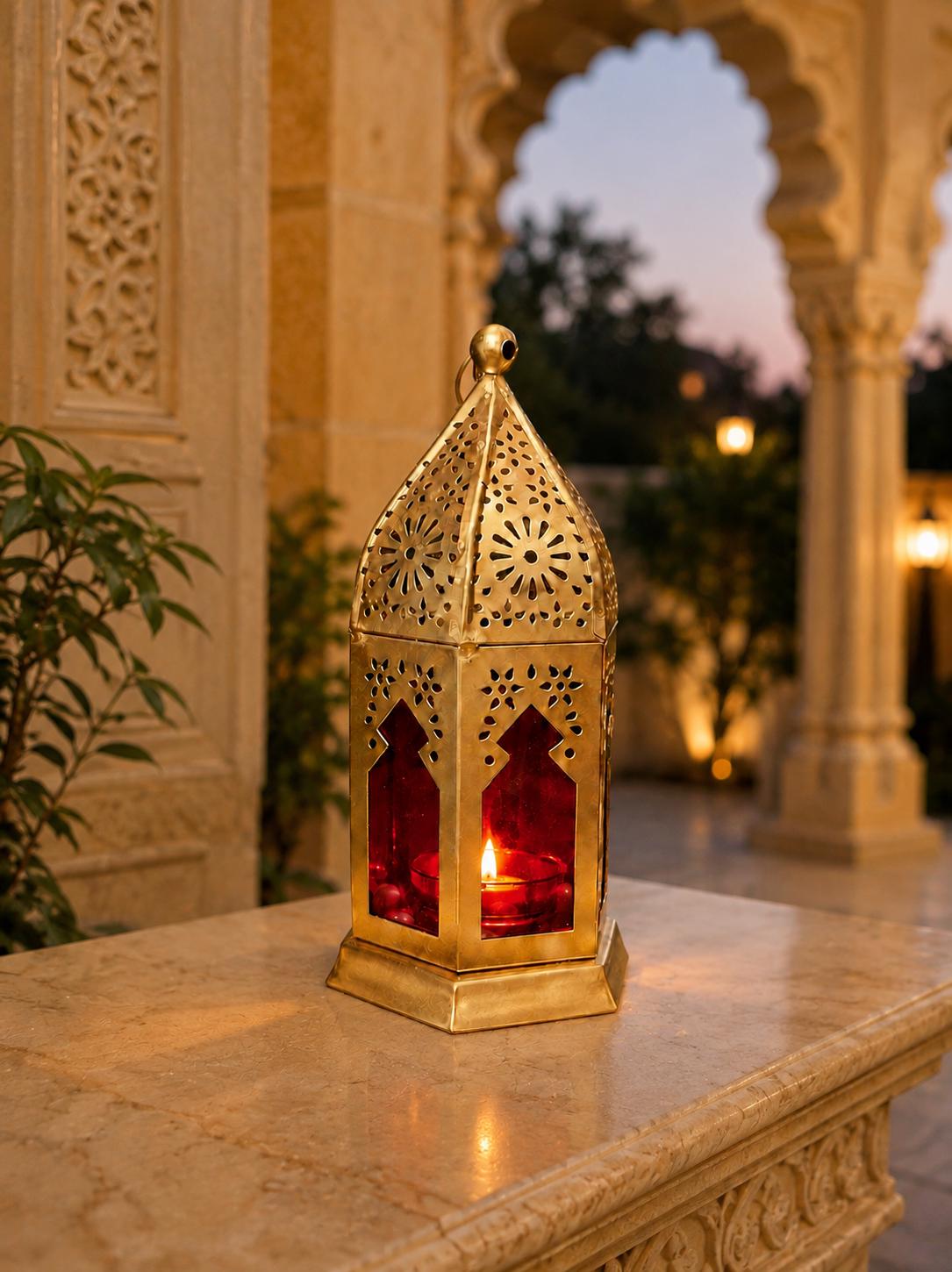 Tealight Lantern Moroccan Boho Chic Glass and Metal Tealight Tabletop Lantern Lamp with Pearl String Tea Light Candle Holder for Home Decor