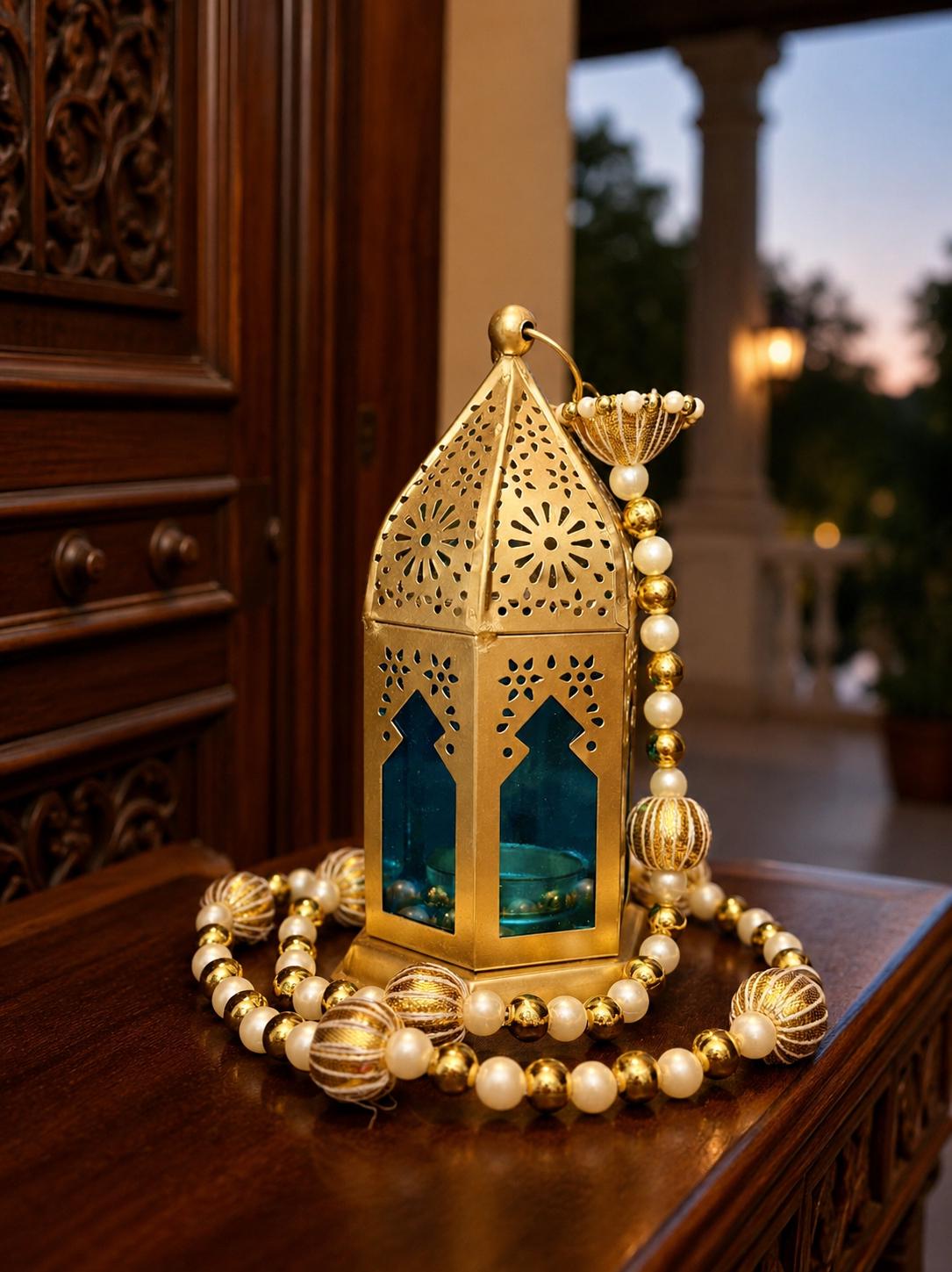 Tealight Lantern Moroccan Boho Chic Glass and Metal Tealight Tabletop Lantern Lamp with Pearl String Tea Light Candle Holder for Home Decor