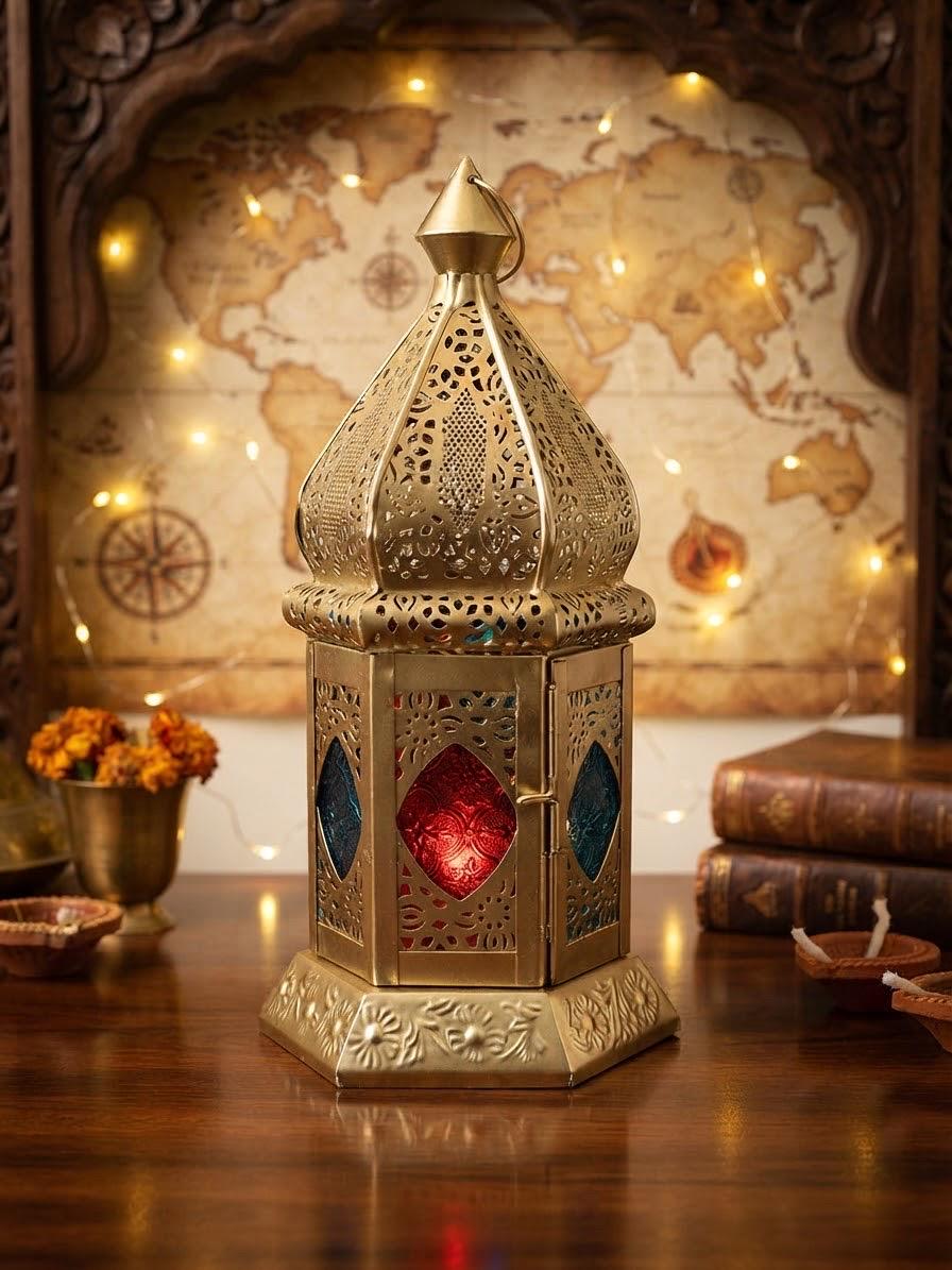 Tealight Lantern Moroccan Boho Chic Glass and Metal Tealight Tabletop Lantern Lamp with Pearl String Tea Light Candle Holder for Home Decor