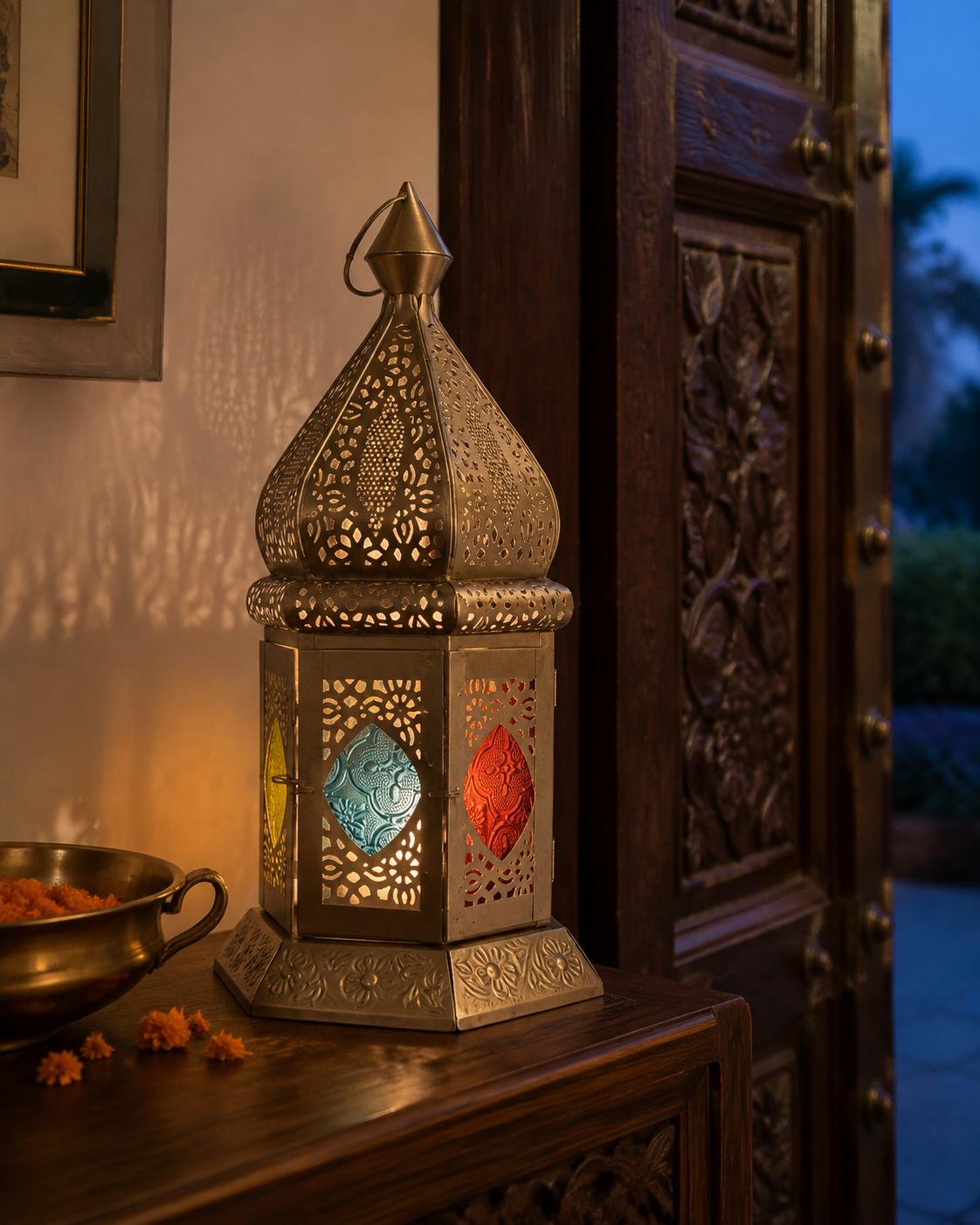 Tealight Lantern Moroccan Boho Chic Glass and Metal Tealight Tabletop Lantern Lamp with Pearl String Tea Light Candle Holder for Home Decor