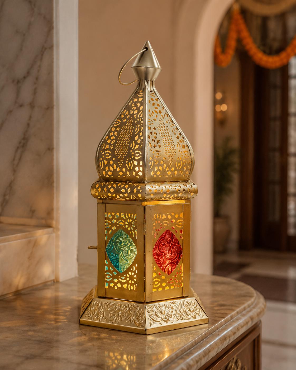 Tealight Lantern Moroccan Boho Chic Glass and Metal Tealight Tabletop Lantern Lamp with Pearl String Tea Light Candle Holder for Home Decor
