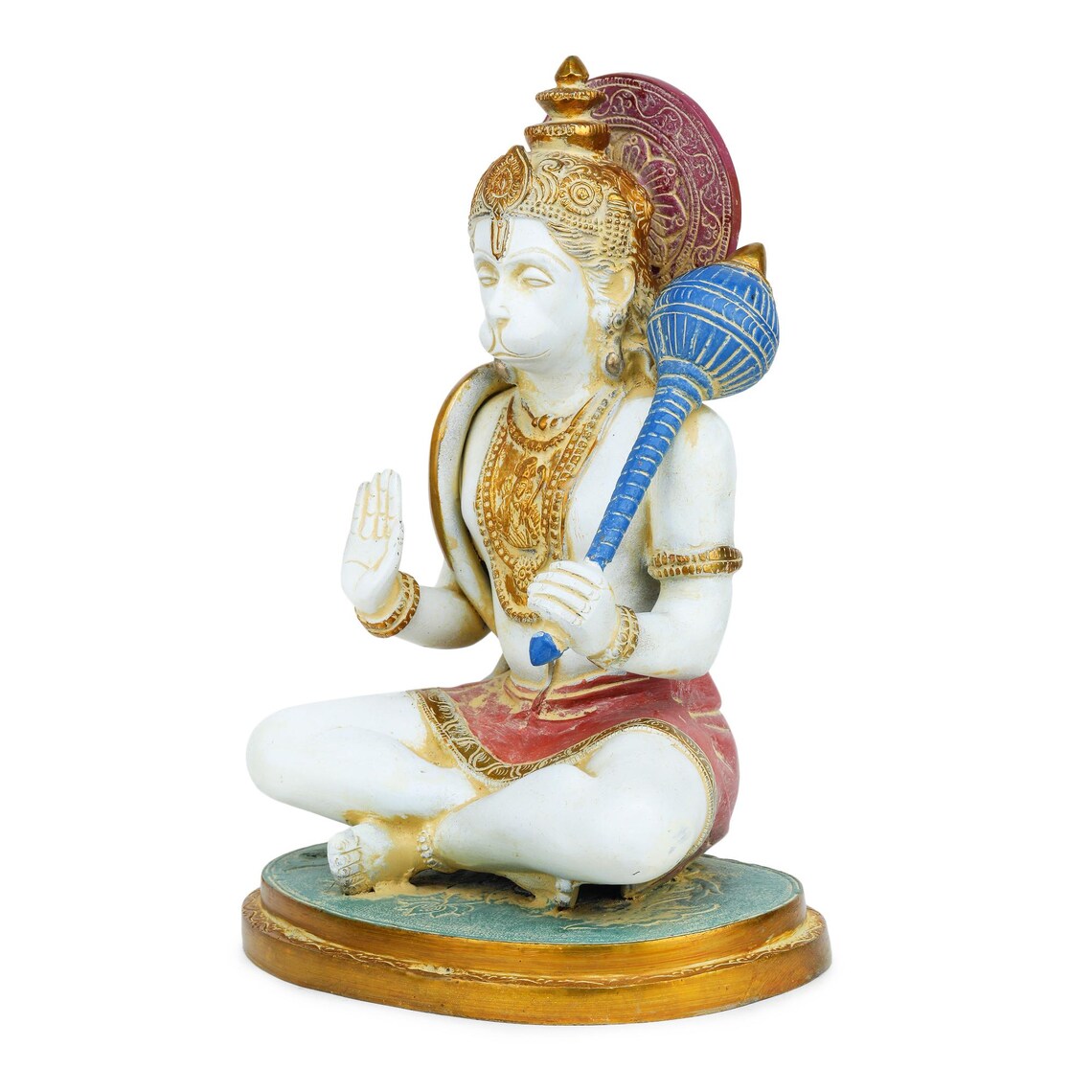 Brass Hanuman 13 inch three-quarter view, blue gada over shoulder, ornate crown, antique gold finish