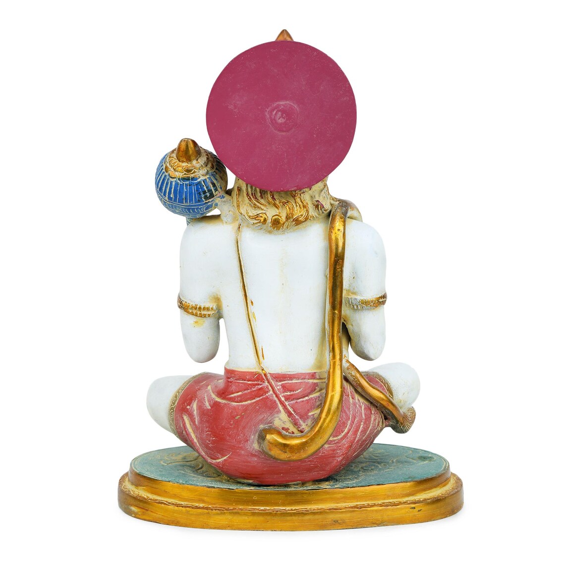 Brass Hanuman 13 inch right view holding blue gada, gold necklaces, antique finish, puja room statue