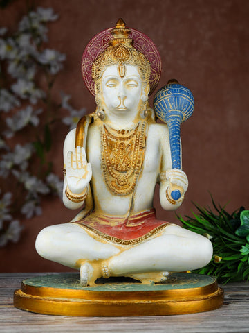 Brass Hanuman 13 inch seated with blue gada, blessing hand raised, antique finish, home mandir decor