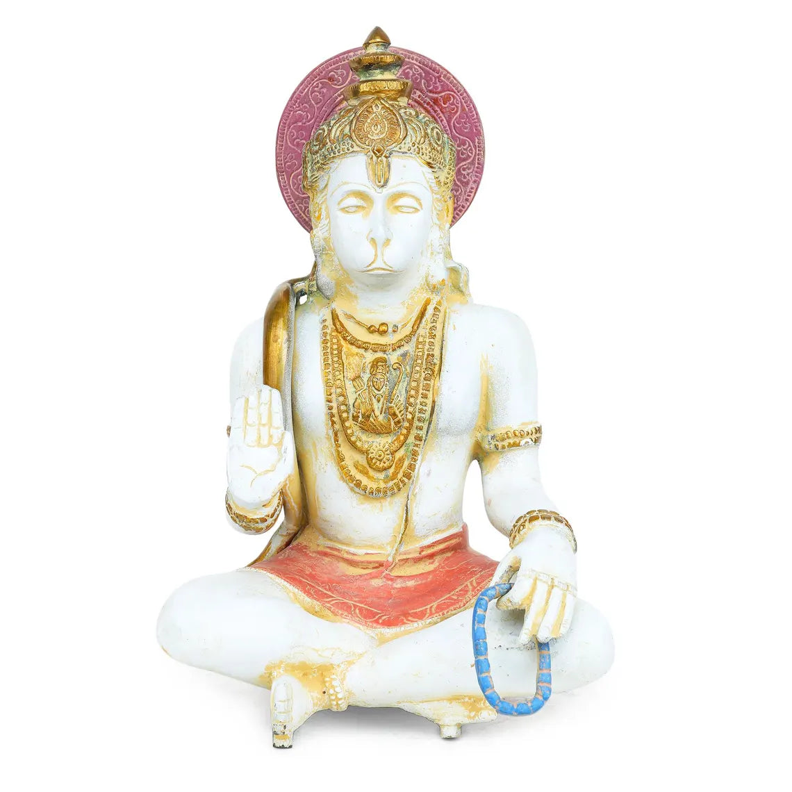 Brass Hanuman 11 inch three-quarter left view, raised blessing hand, blue jaap mala, temple decor