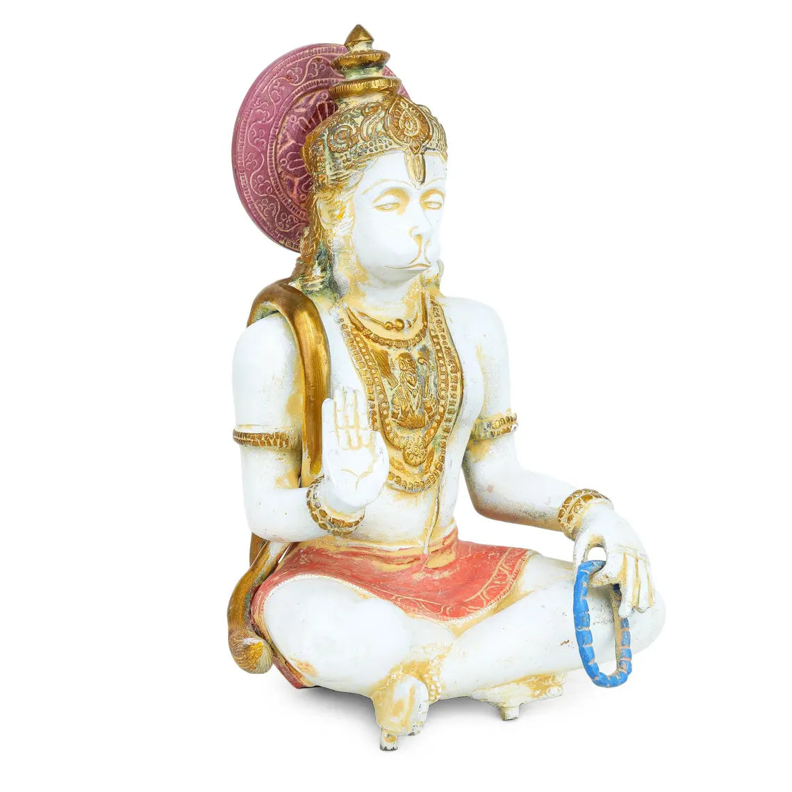 Brass Hanuman 11 inch rear view showing golden halo disc and sculpted tail, handcrafted idol