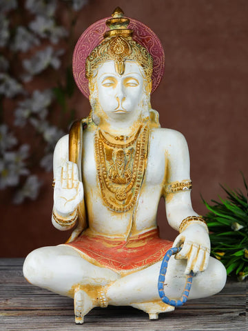 Brass Hanuman 11 inch seated with jaap mala, gold ornaments, antique finish, home mandir decor