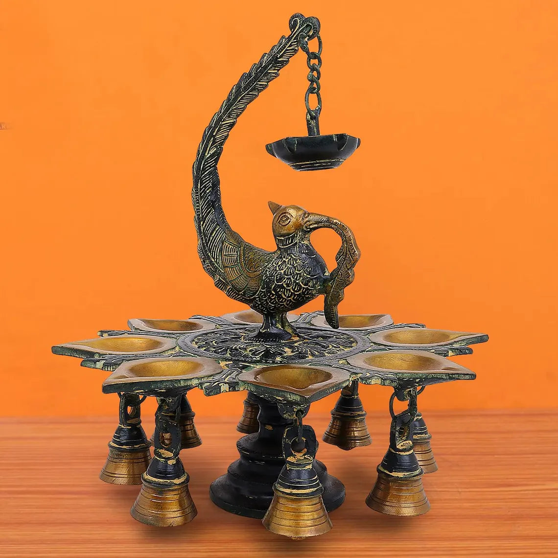 Brass Peacock Oil Lamp 11 Inch 8 Flame Antique 6