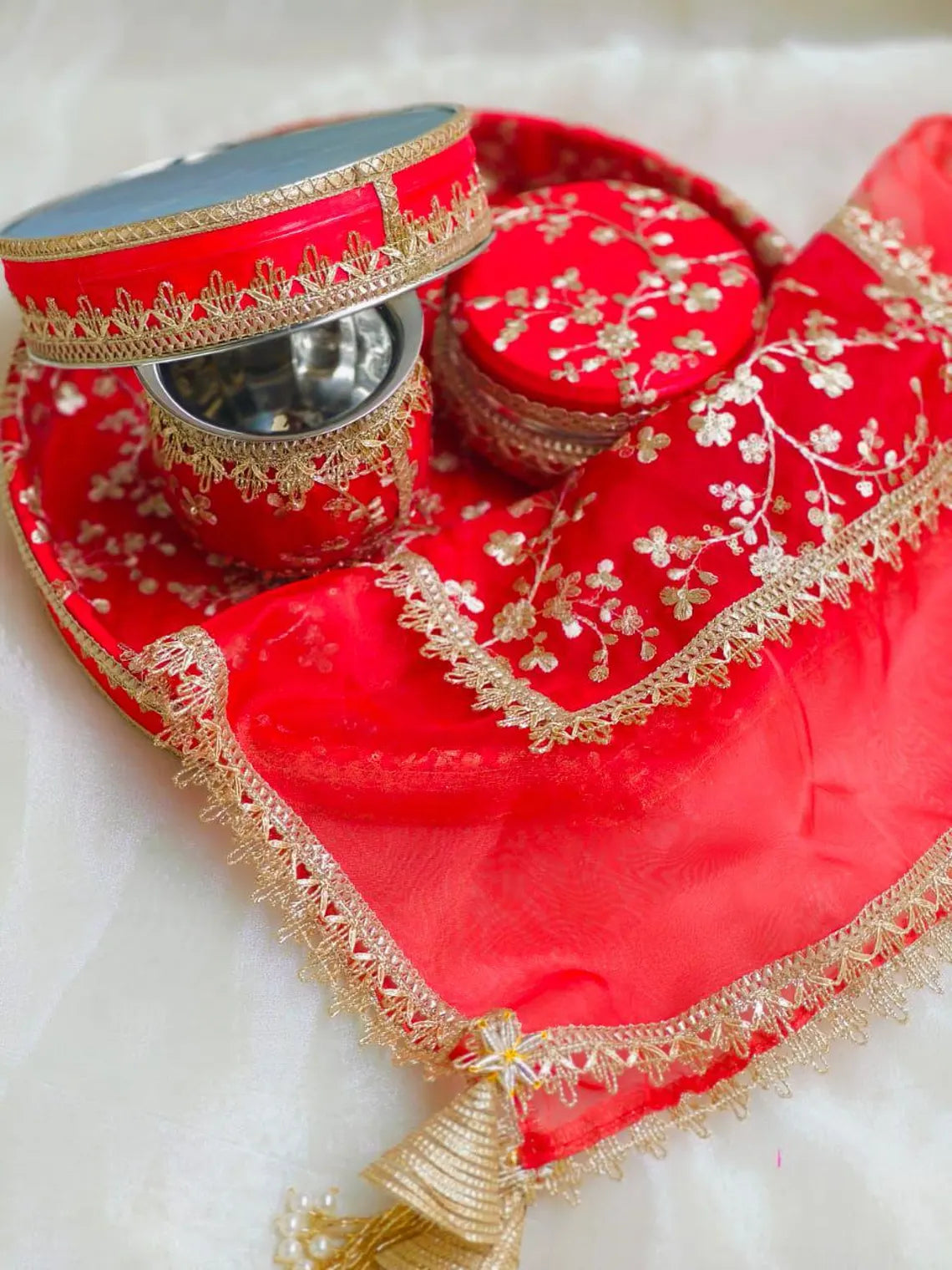 Fabric Karwa Thali Set 12 Inch Zari 4
