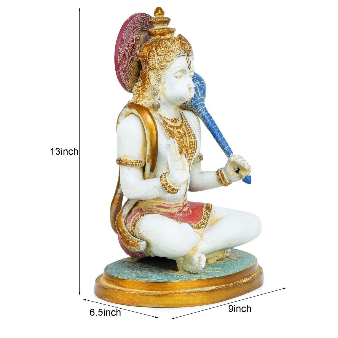 Brass Hanuman 13 inch size guide 13x9x6.5 inch, blue gada resting on shoulder, oval gold base, temple idol