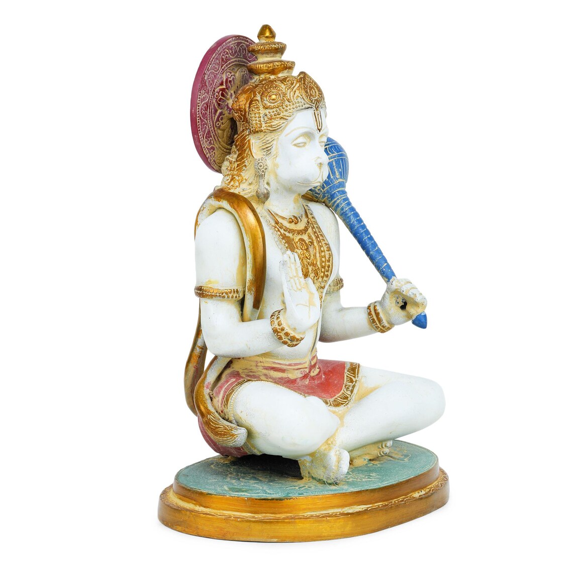 Brass Hanuman 13 inch rear view, blue gada head over shoulder, gold tail, oval decorative base
