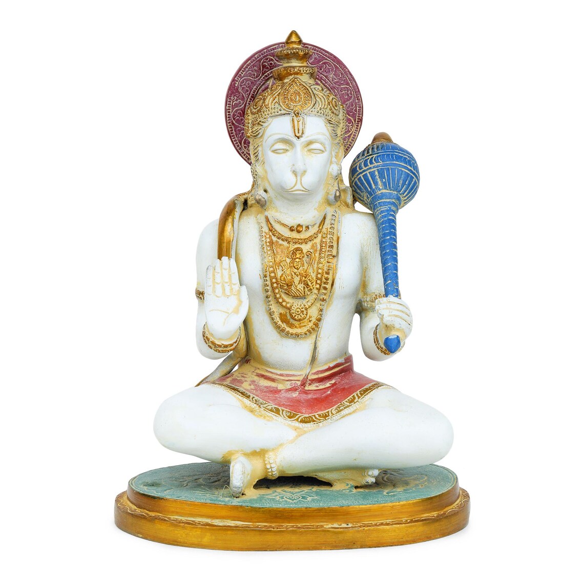 Brass Hanuman 13 inch left-angle view, blue gada across chest, open palm blessing, gold base, mandir idol