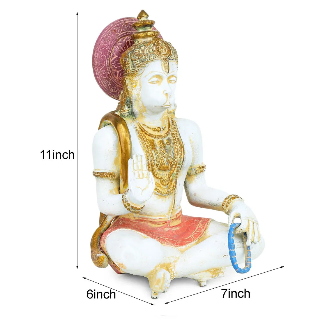 Brass Hanuman 11 inch sitting pose with blue jaap mala, size guide 11x7x6 inch, puja room idol