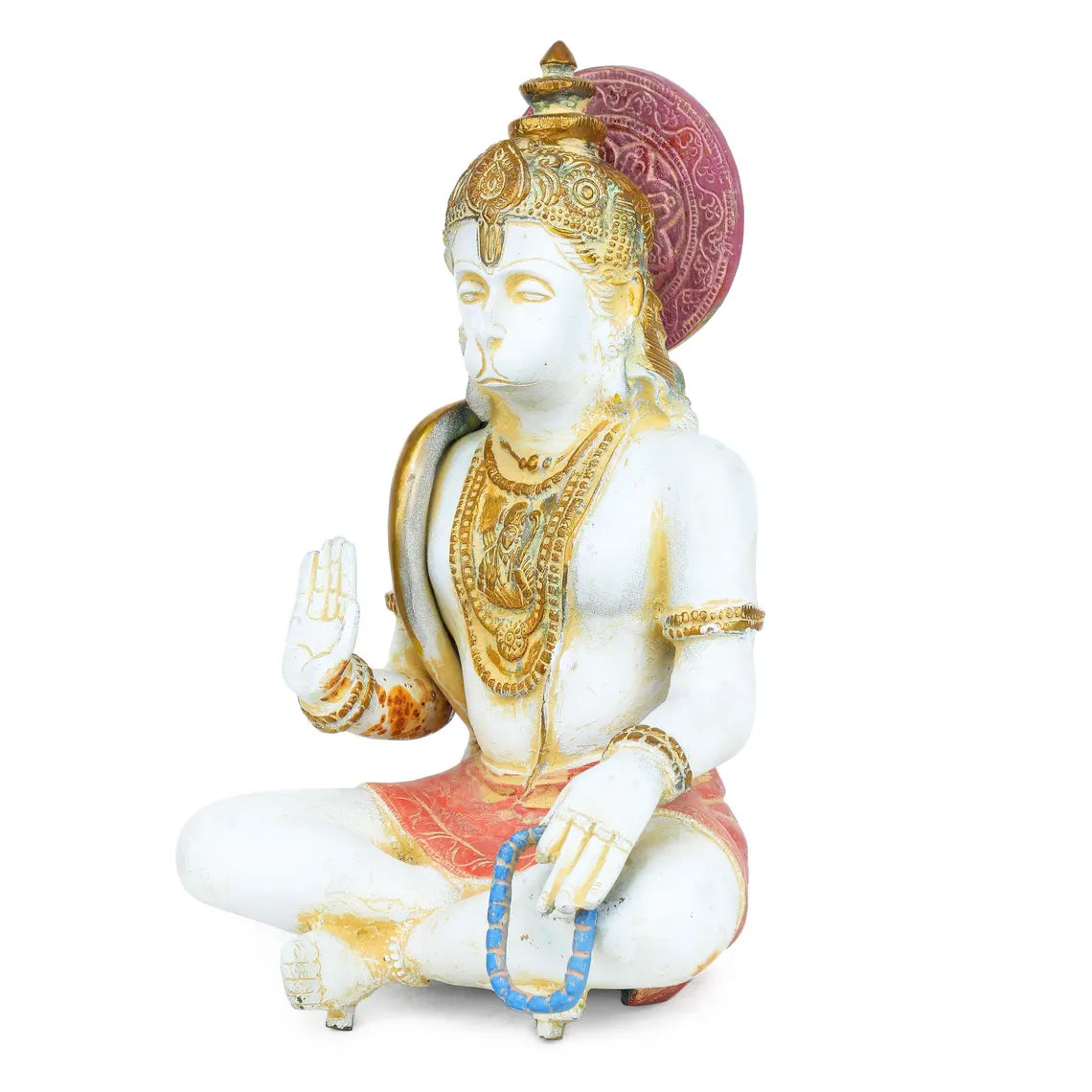 Brass Hanuman 11 inch front view seated cross-legged, detailed gold necklaces, blue jaap mala, puja idol