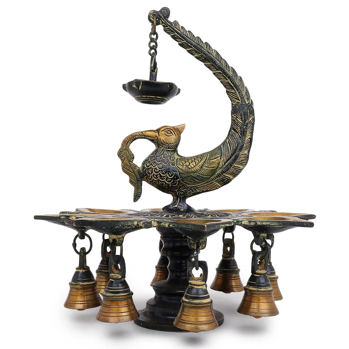 Brass Peacock Oil Lamp 11 Inch 8 Flame Antique 3