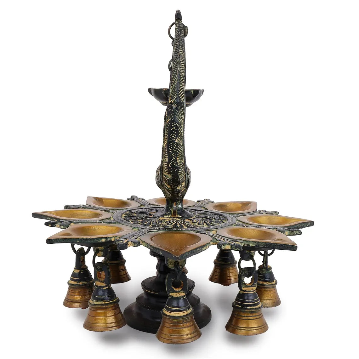 Brass Peacock Oil Lamp 11 Inch 8 Flame Antique 8