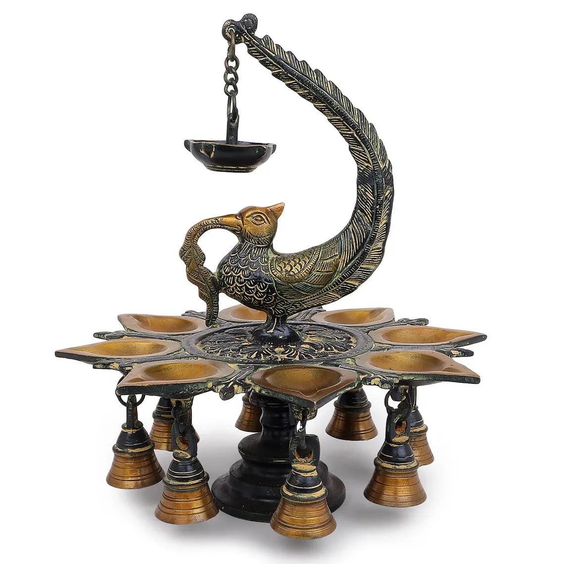 Brass Peacock Oil Lamp 11 Inch 8 Flame Antique 1