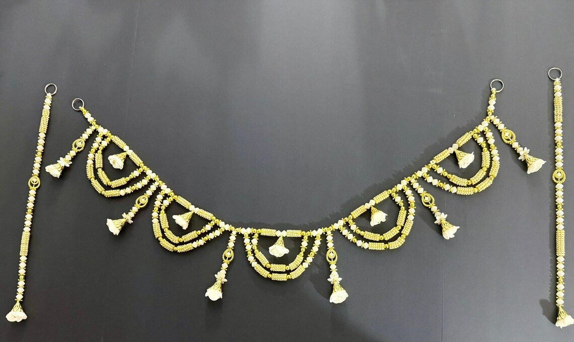 Beaded Door Toran, 40 Inch Pearl Bandarwar with Side Hangings, 3 Piece Wall Hanging Set, Diwali Decor, Entrance Decoration, Wedding Mandir