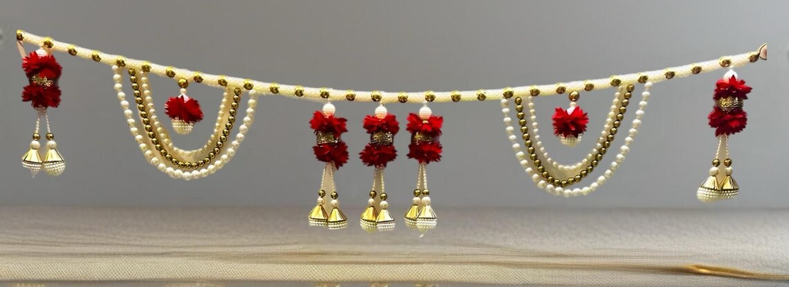 Beaded Door Toran 40 Inch Bandarwar, Pearl & Bead Wall Hanging, Diwali Home Decor, Entrance Decoration, Wedding Mandap Decor
