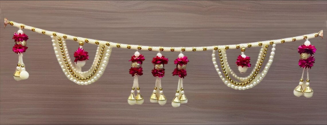 Beaded Door Toran 40 Inch Bandarwar, Pearl & Bead Wall Hanging, Diwali Home Decor, Entrance Decoration, Wedding Mandap Decor