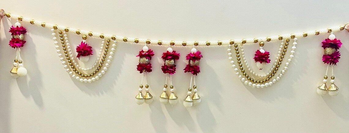 Beaded Door Toran 40 Inch Bandarwar, Pearl & Bead Wall Hanging, Diwali Home Decor, Entrance Decoration, Wedding Mandap Decor