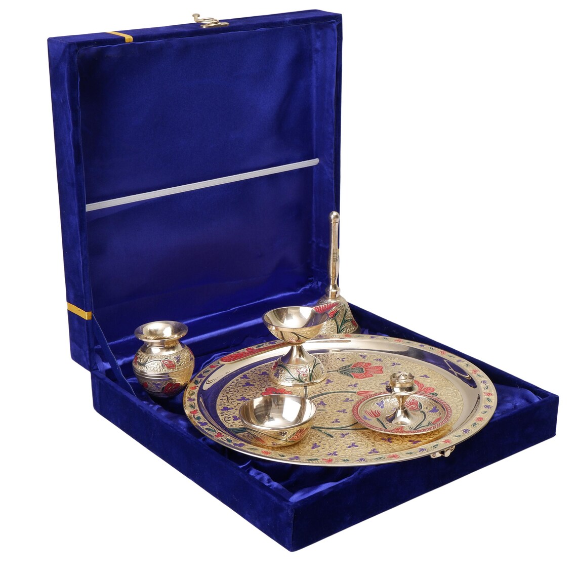 Brass Pooja Thali Set 10 Inch Meenakari 6 Piece Puja Plate 3