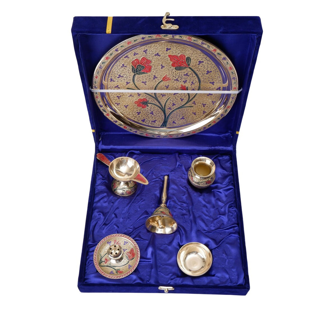 Brass Pooja Thali Set 10 Inch Meenakari 6 Piece Puja Plate 1
