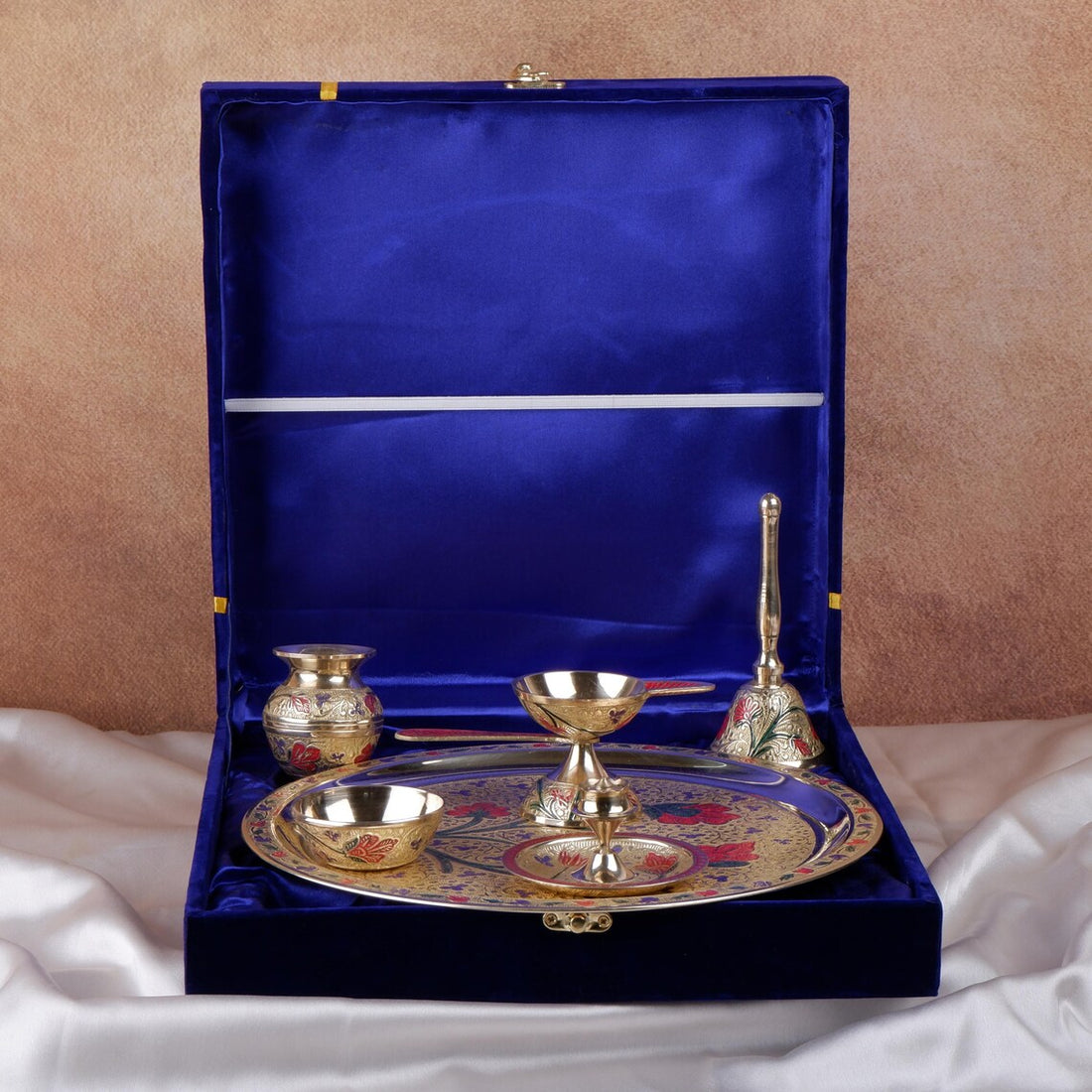 Brass Pooja Thali Set 10 Inch Meenakari 6 Piece Puja Plate 1