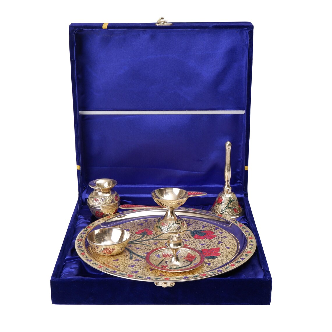 Brass Pooja Thali Set 10 Inch Meenakari 6 Piece Puja Plate 4