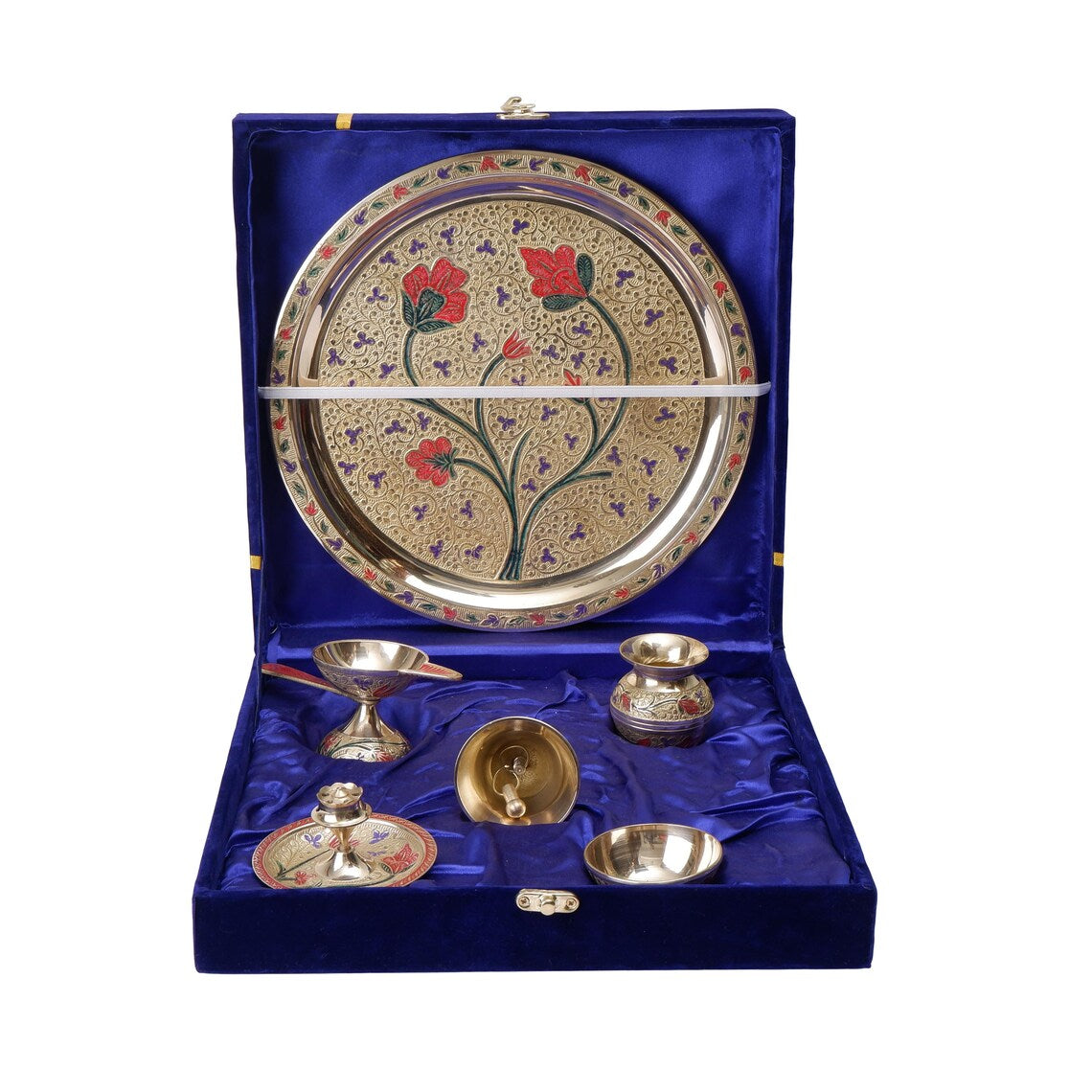 Brass Pooja Thali Set 10 Inch Meenakari 6 Piece Puja Plate 6