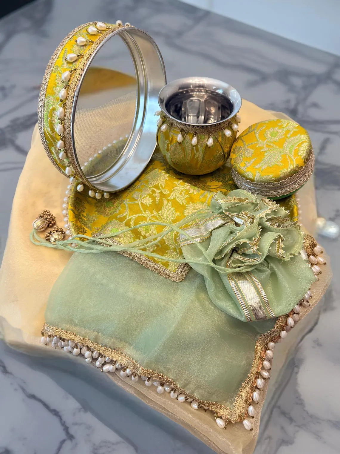 Fabric Karwa Thali Set 12 Inch Zari 3