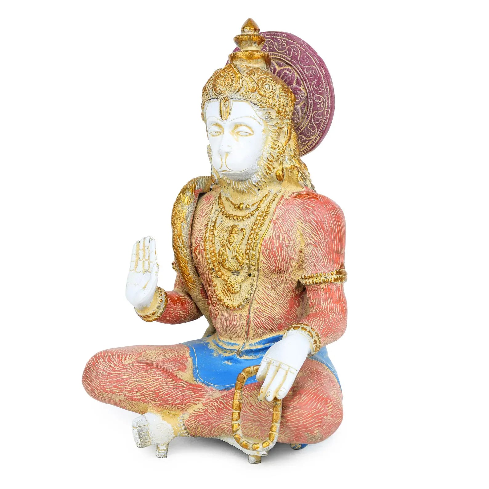 Brass Hanuman 11.5 inch left-angle view, pink disc halo, raised palm, antique gold finish, puja room