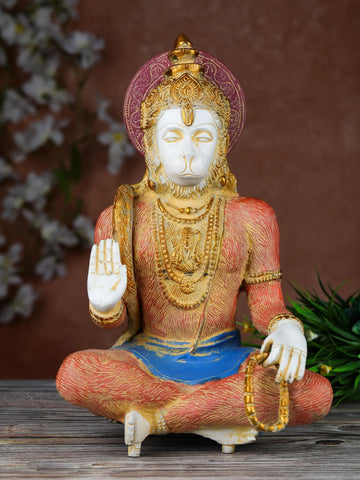 Brass Hanuman 11.5 inch seated with gold jaap mala, terracotta body, antique finish, home mandir idol