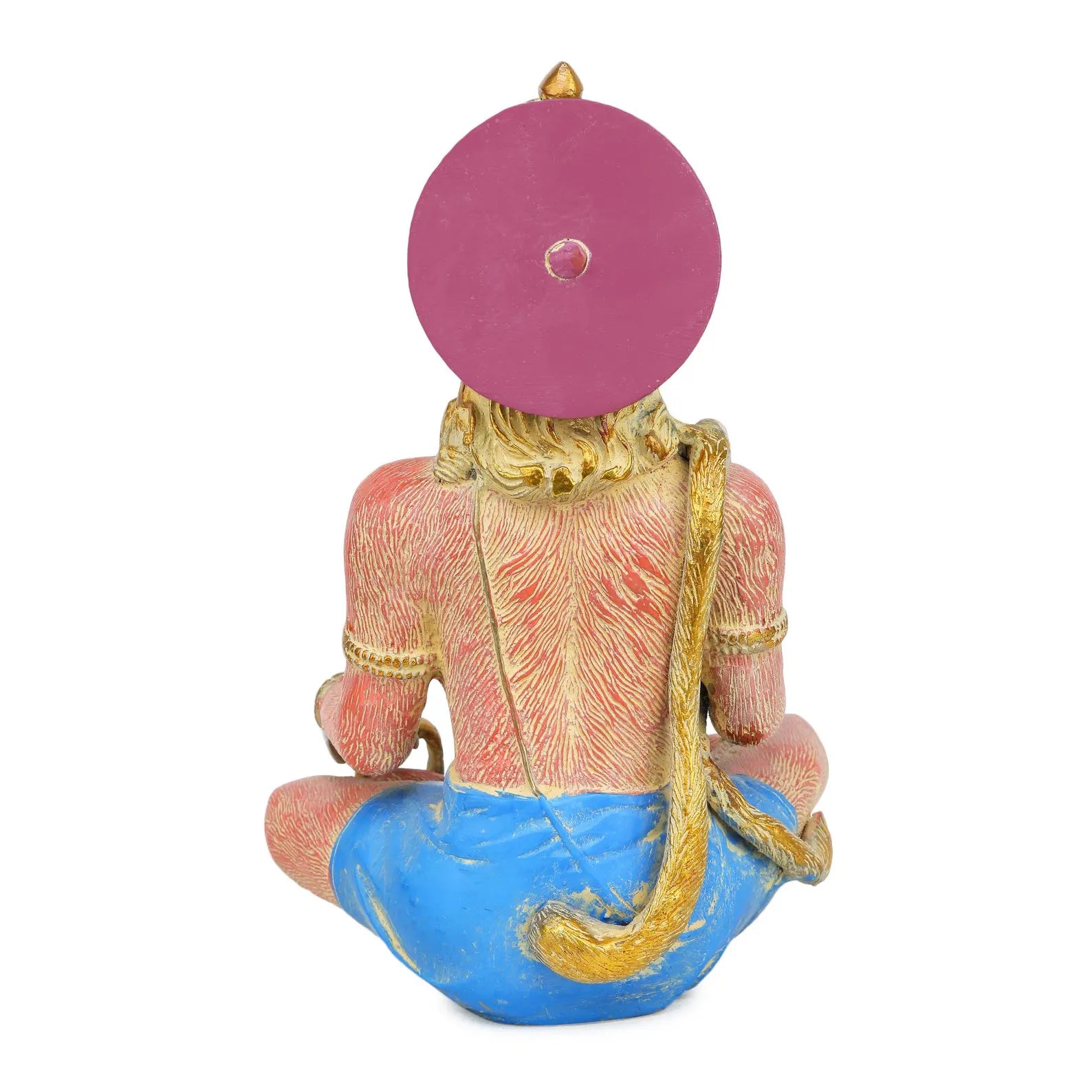 Brass Hanuman 11.5 inch rear view showing pink halo and curved tail, antique finish, temple idol