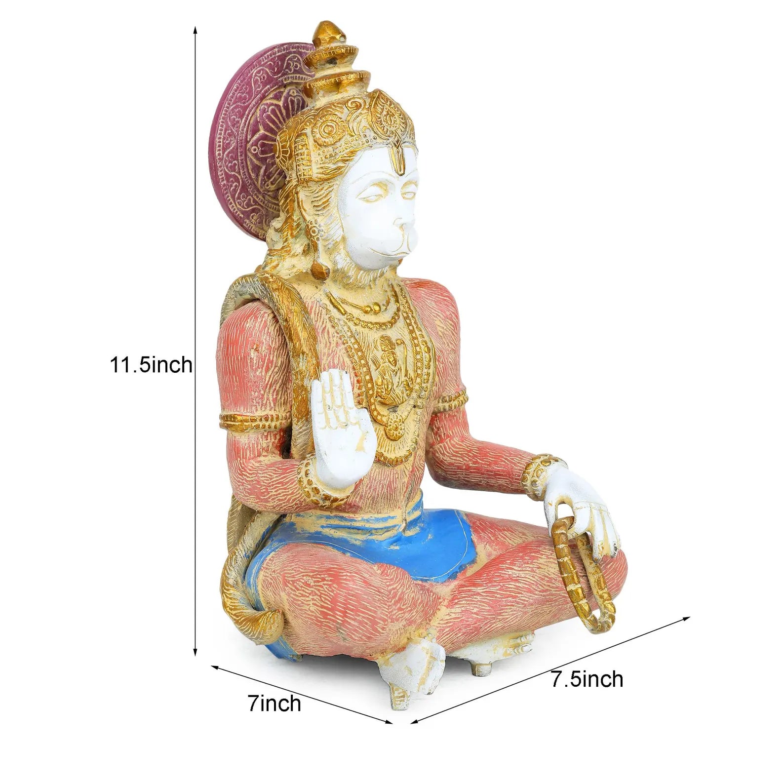 Brass Hanuman 11.5 inch size guide 11.5x7x7.5 inch, gold necklaces, blue dhoti, blessing hand raised