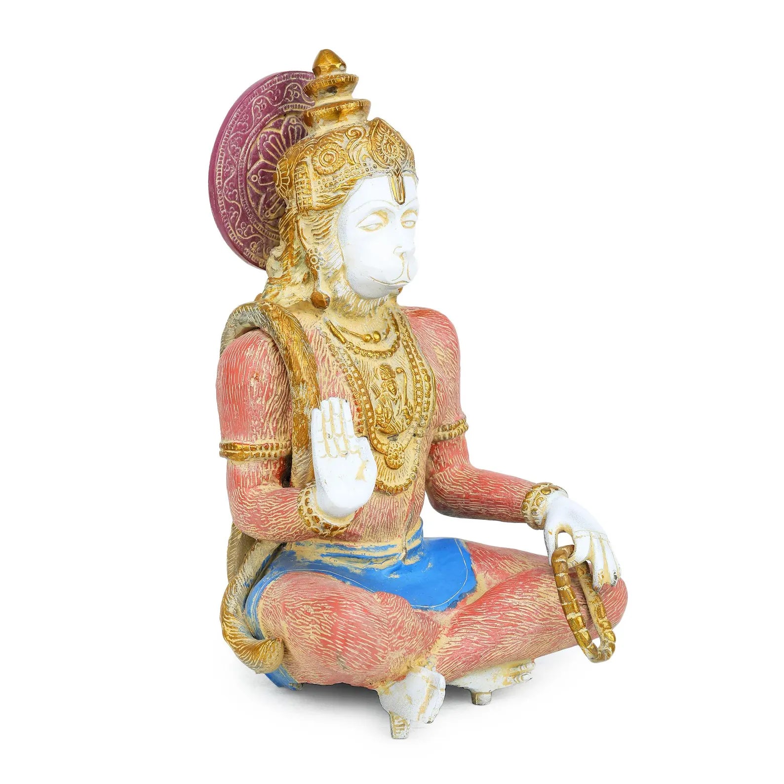 Brass Hanuman 11.5 inch three-quarter right view, ornate crown, gold necklaces, mandir decor statue