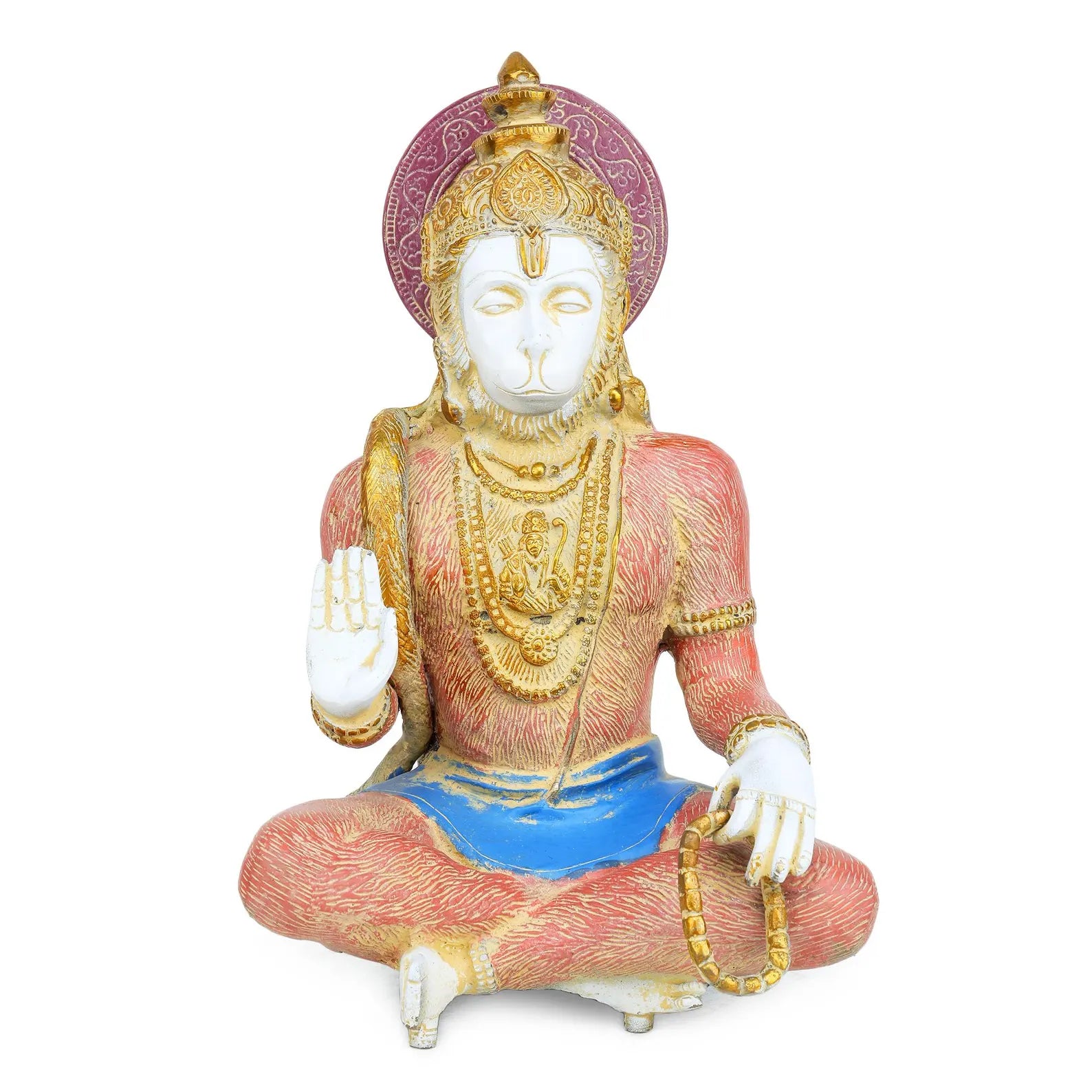 Brass Hanuman 11.5 inch front view seated, open blessing palm, gold jaap mala, detailed antique idol