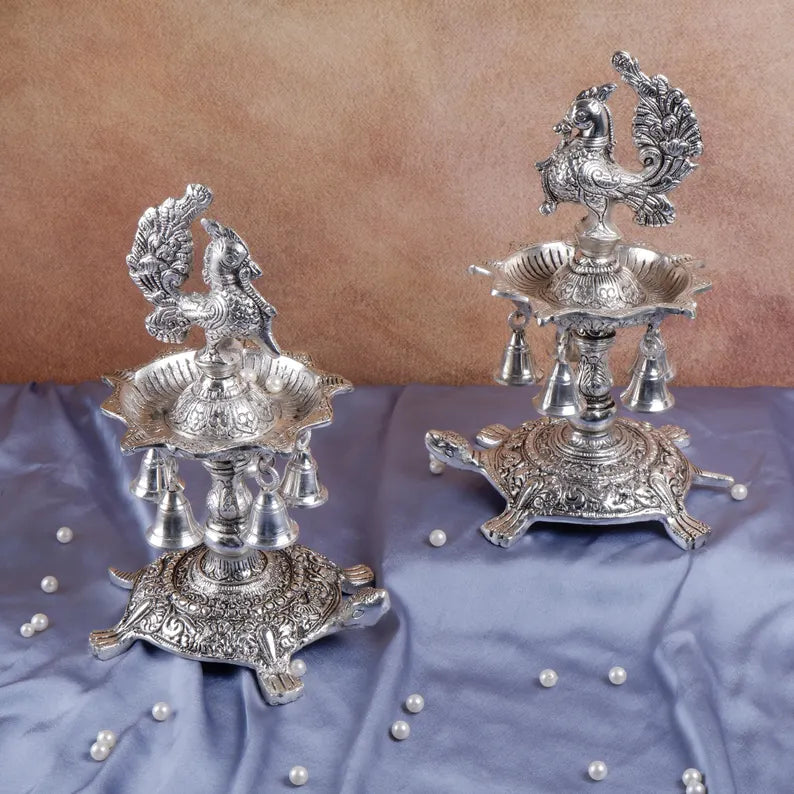 German Silver Peacock Oil Lamp 11 Inch 1
