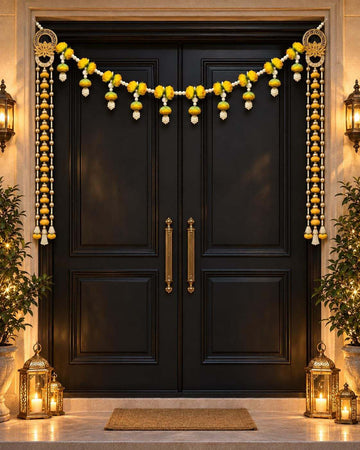 Lotus Garland Door Hanging Set of 2 | Pearl Bead Bandarwal Yellow | Handcrafted Entrance Decor | Diwali Navratri | Temple Puja Home Gift