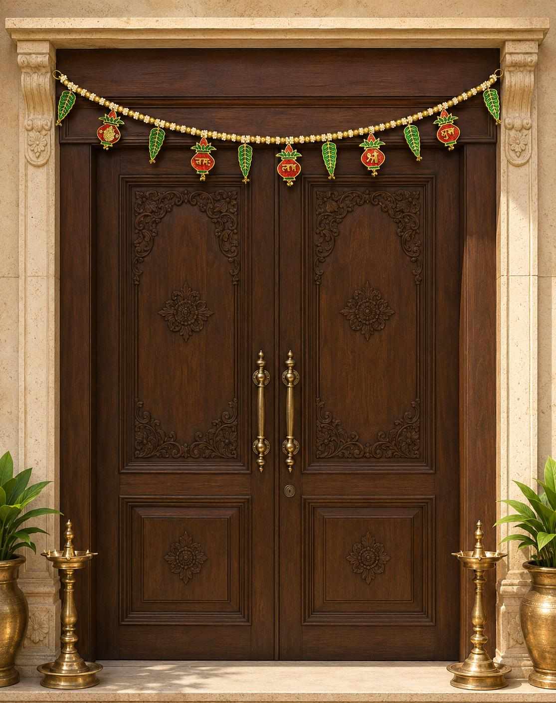 Shubh Labh Ganesha Kalash Door Toran 40" | Gold Pearl Indian Bandhanwar | Diwali Ganpati Puja Janmashtami Pongal Mandir Entrance Decor