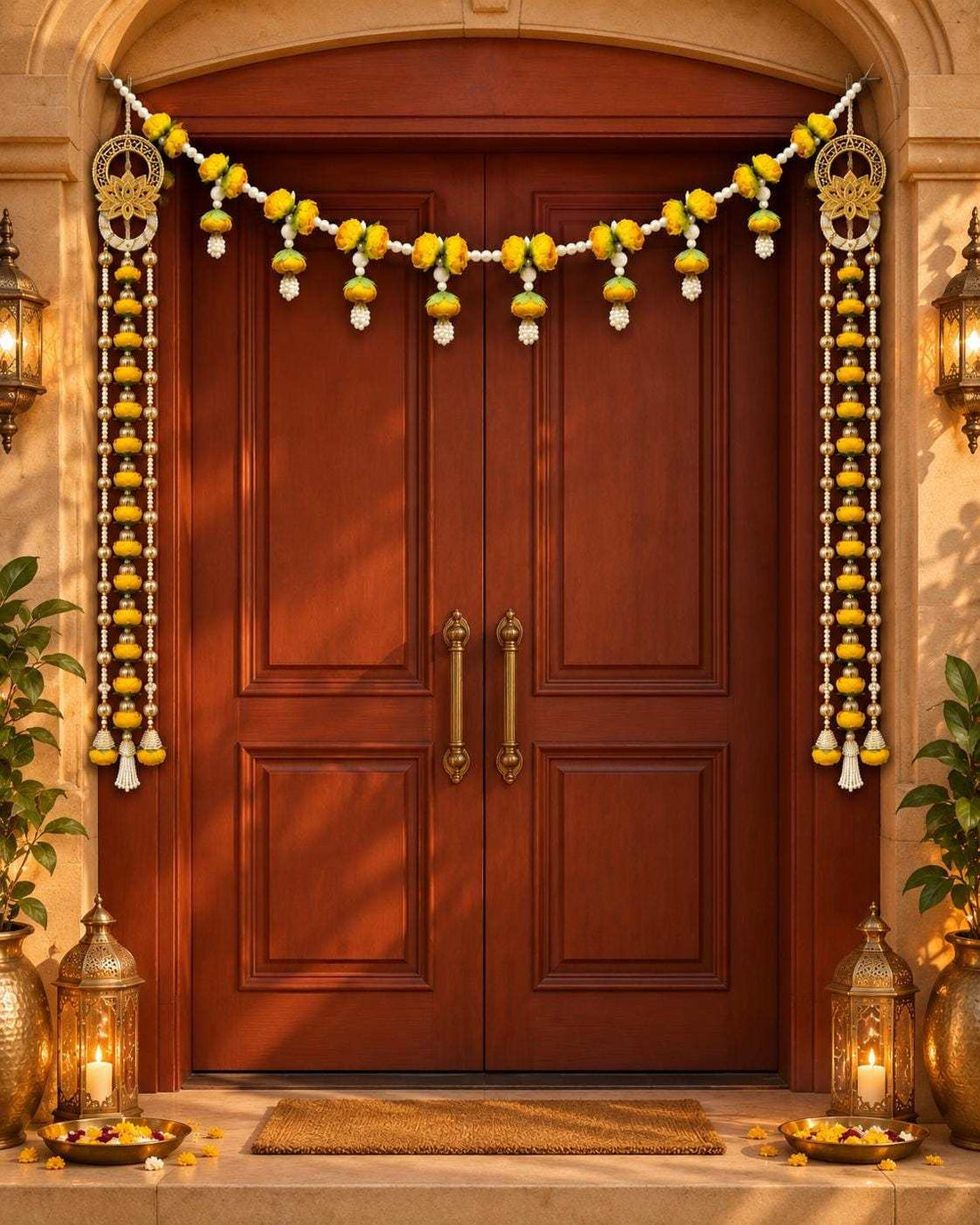 Lotus Garland Door Hanging Set of 2 | Pearl Bead Bandarwal Yellow | Handcrafted Entrance Decor | Diwali Navratri | Temple Puja Home Gift