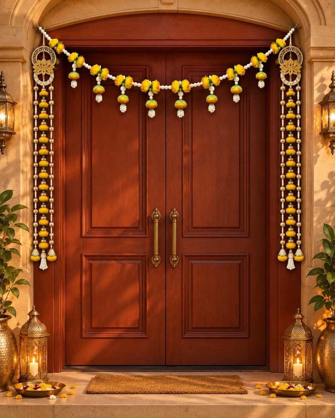 Lotus Garland Door Hanging Set of 2 | Pearl Bead Bandarwal Yellow | Handcrafted Entrance Decor | Diwali Navratri | Temple Puja Home Gift