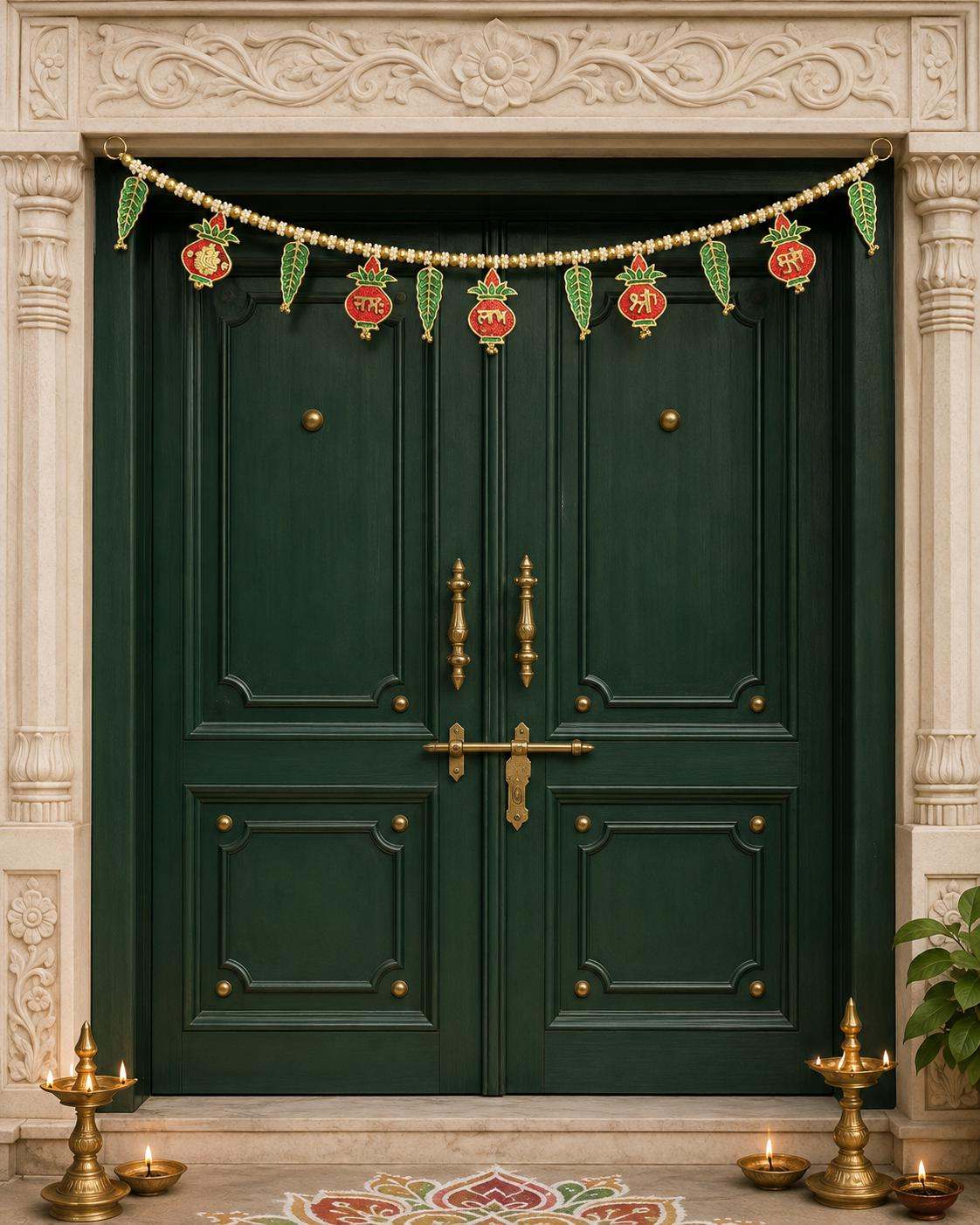 Shubh Labh Ganesha Kalash Door Toran 40" | Gold Pearl Indian Bandhanwar | Diwali Ganpati Puja Janmashtami Pongal Mandir Entrance Decor