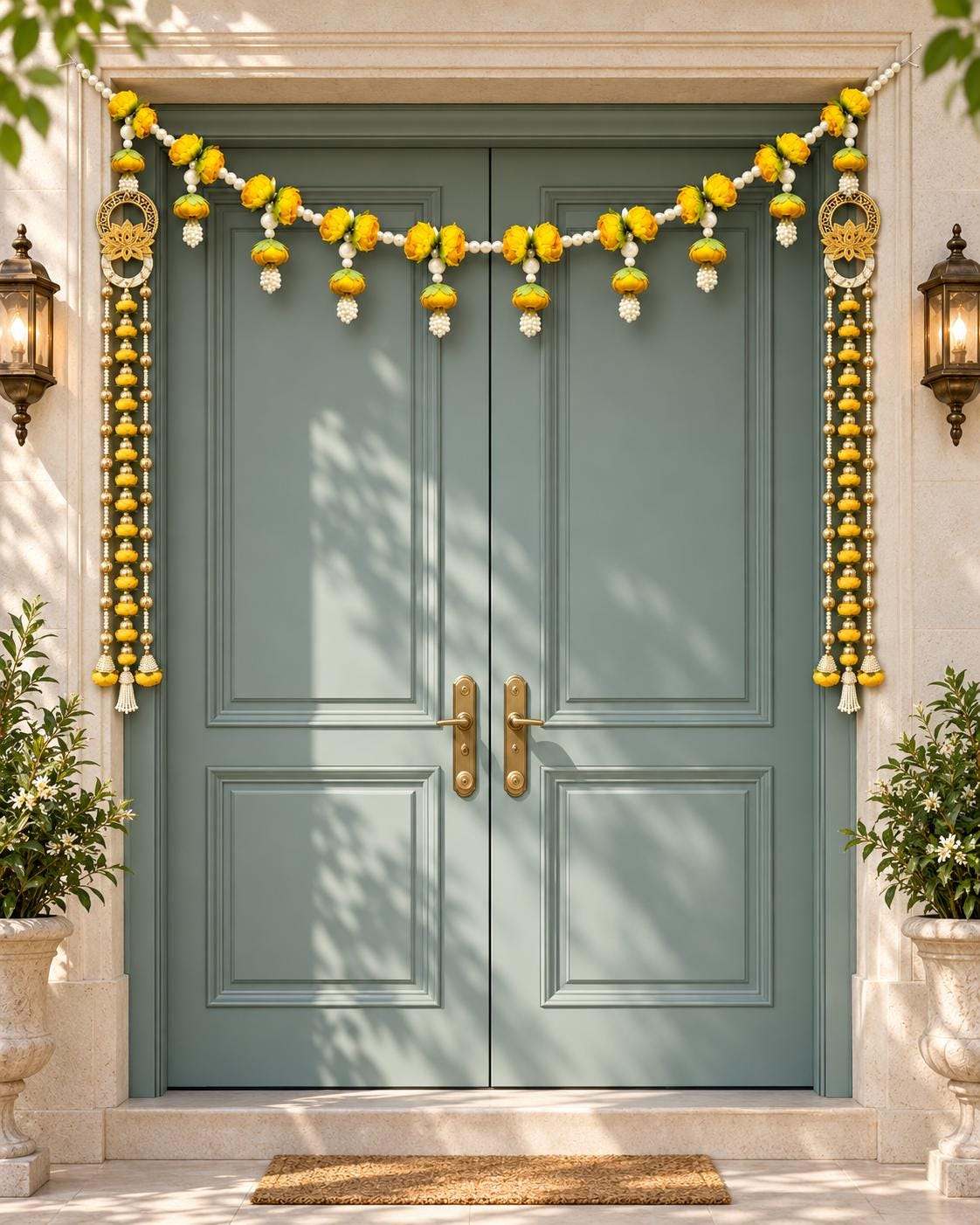 Lotus Garland Door Hanging Set of 2 | Pearl Bead Bandarwal Yellow | Handcrafted Entrance Decor | Diwali Navratri | Temple Puja Home Gift