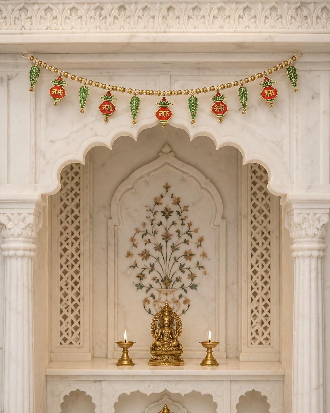 Shubh Labh Ganesha Kalash Door Toran 40" | Gold Pearl Indian Bandhanwar | Diwali Ganpati Puja Janmashtami Pongal Mandir Entrance Decor