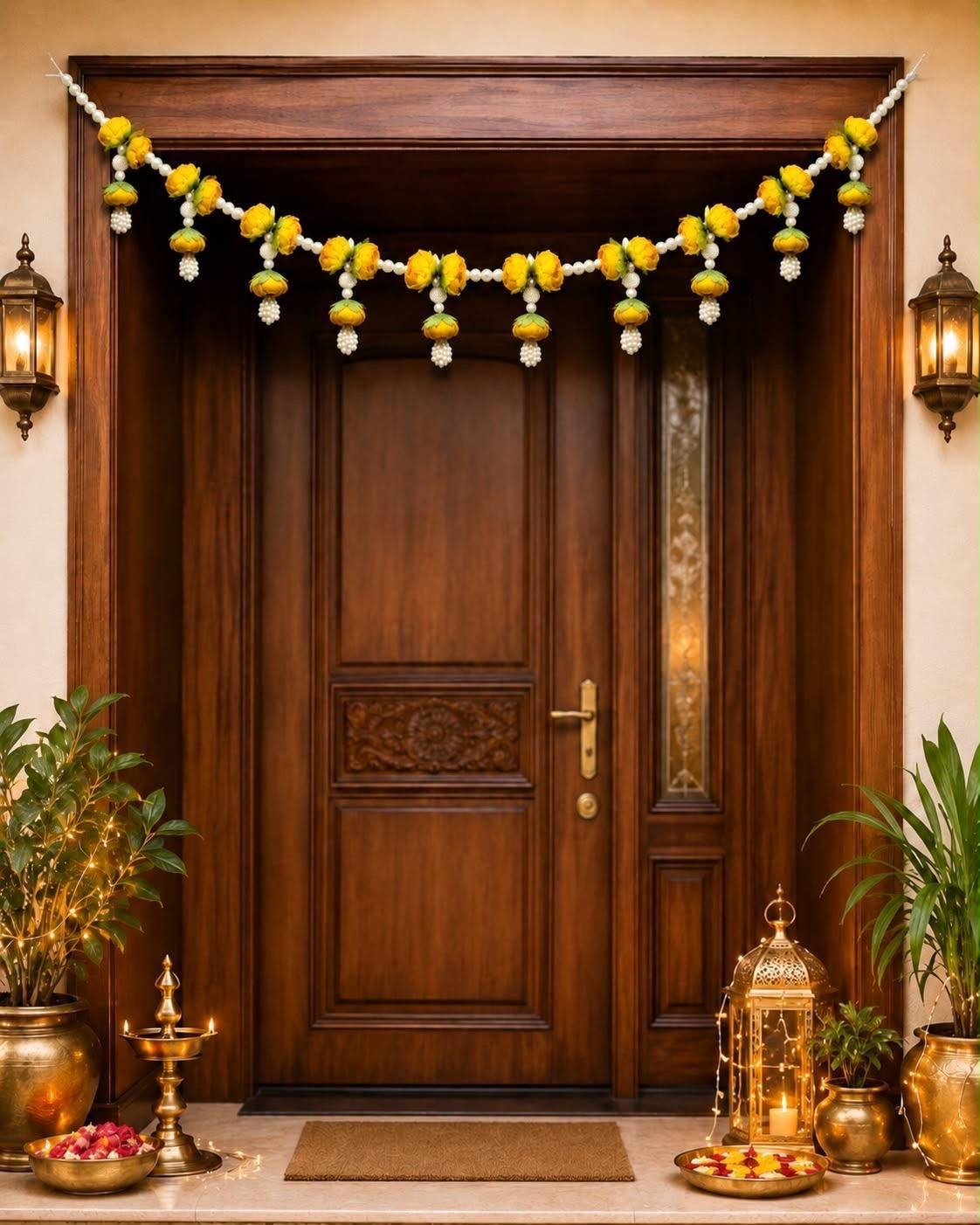 Lotus Garland Door Hanging Set of 2 | Pearl Bead Bandarwal Yellow | Handcrafted Entrance Decor | Diwali Navratri | Temple Puja Home Gift