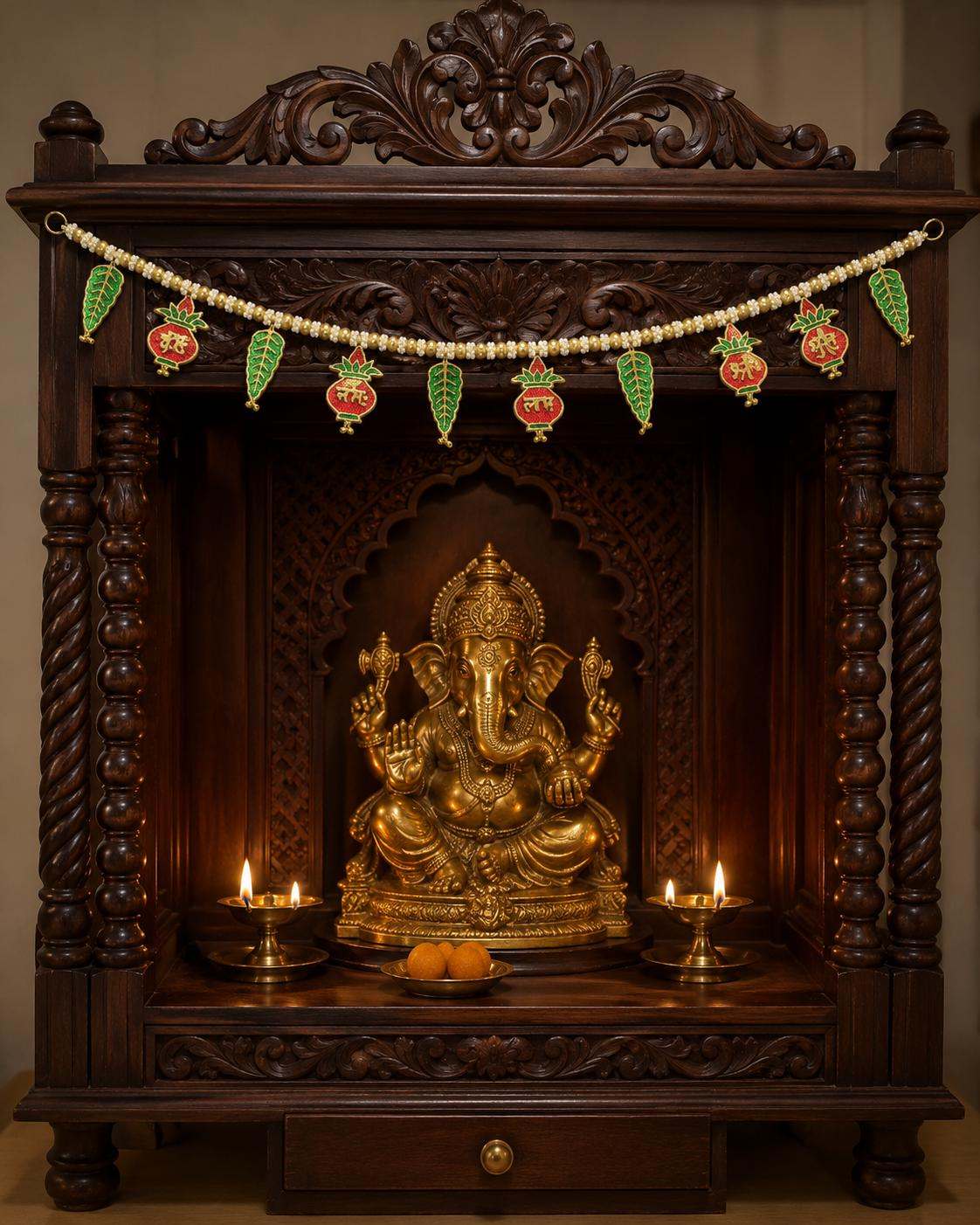 Shubh Labh Ganesha Kalash Door Toran 40" | Gold Pearl Indian Bandhanwar | Diwali Ganpati Puja Janmashtami Pongal Mandir Entrance Decor