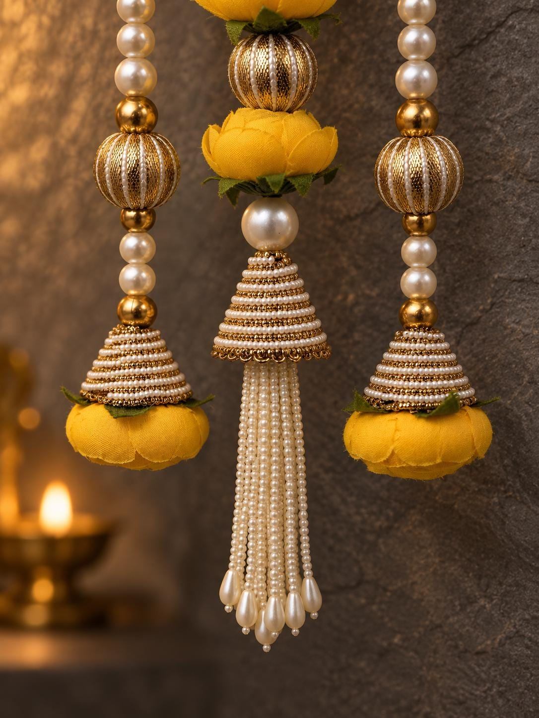 Lotus Garland Door Hanging Set of 2 | Pearl Bead Bandarwal Yellow | Handcrafted Entrance Decor | Diwali Navratri | Temple Puja Home Gift