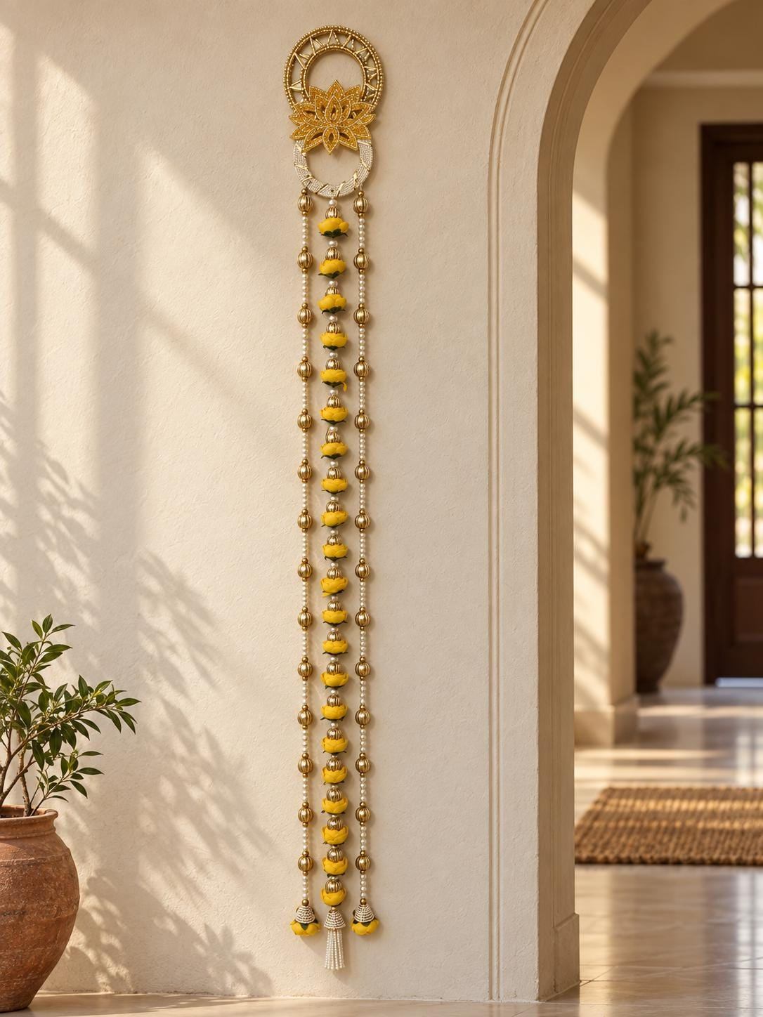 Lotus Garland Door Hanging Set of 2 | Pearl Bead Bandarwal Yellow | Handcrafted Entrance Decor | Diwali Navratri | Temple Puja Home Gift